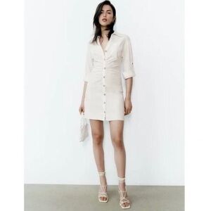 Zara Linen Blend Button Down Shirt Dresss in off white size medium